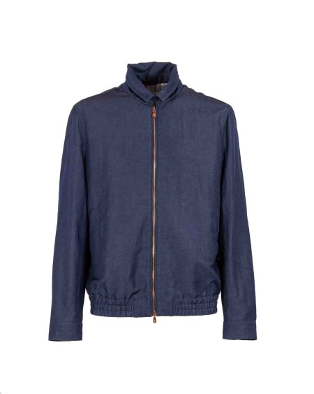 Shop BRUNELLO CUCINELLI  Bomber: Brunello Cucinelli giubbino in twill di lana e lino effetto denim.
Chiusura con zip e doppio cursore.
Colletto stile camicia.
Fodera in cupro.
Due tasche interne con bottone e un portapenna.
Tasche basse con bottone automatico.
Polsini con bottone.
Fondo con elastico.
Composizione: 60% lana, 40% lino.
Made in Italy.. MB4046205-C189